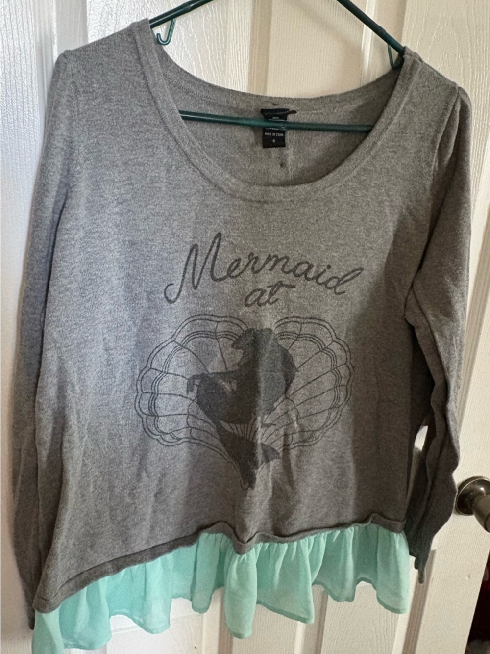 Disney Gray Sweatshirt with Mint Layered Hem - Mermaid Graphic